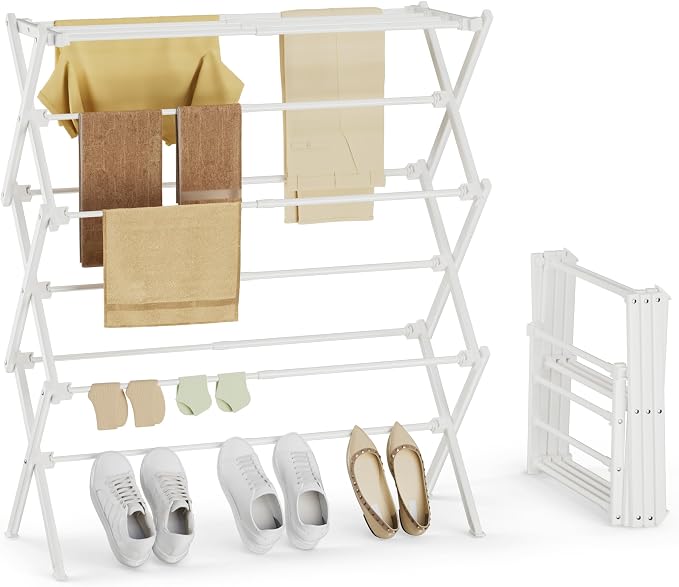 Foldable Clothes Drying Rack, Reinforced Joints, White | 35 lbs load, rustproof carbon steel, adjusts 17.7"-29"W, indoor & outdoor, tool-free by SpaceHidden