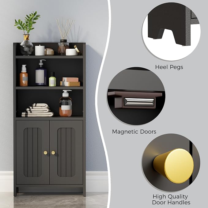 BEWISHOME Bathroom Storage Cabinet,Small Floor Cabinet,Toilet Paper Cabinet | with 2 Doors and Shelves, Bathroom Organizers and Storage for Small Spaces, Black 7.9" D x 14.6" W x 31" H YYG08B - Image 7