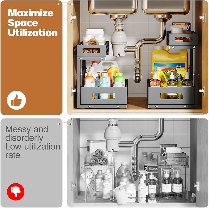 2-Pack Under Sink Organizers and Storage,2-Tier L Shape Pull Out Cabinet Organizer With Round Tube Slide Rails,Hight Adjustable Slide Out Drawers for Kitchen&Bathroom,Multi-Purpose Storage Shelf-Gray - Image 7