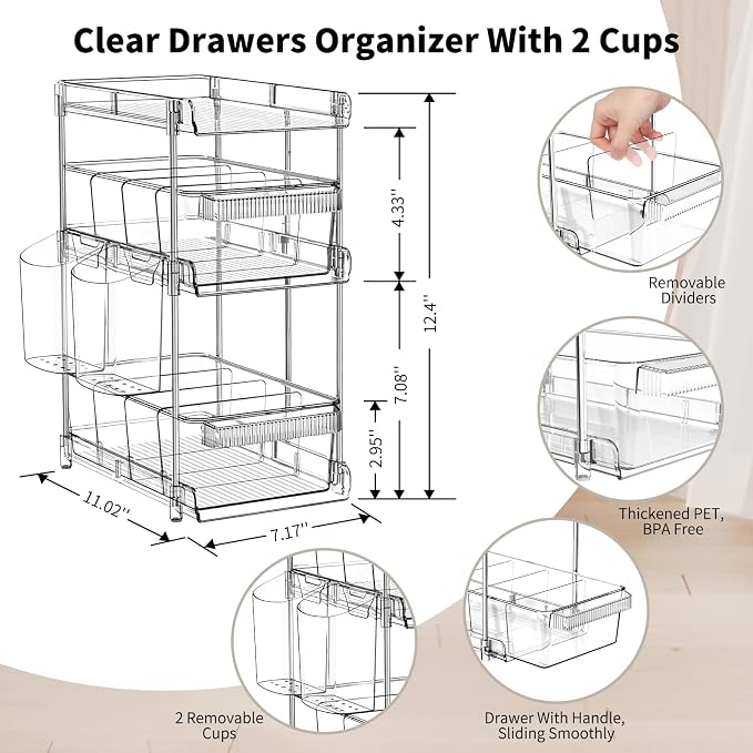 WAKISA 2Pcs Pull Out Organizer and Storage with Cups and Removable Dividers | Slide Out Drawer Storage Containers for Bathroom, Kitchen and Under-Sink Organization with 2 Cups and 6 Removable Dividers - Image 5