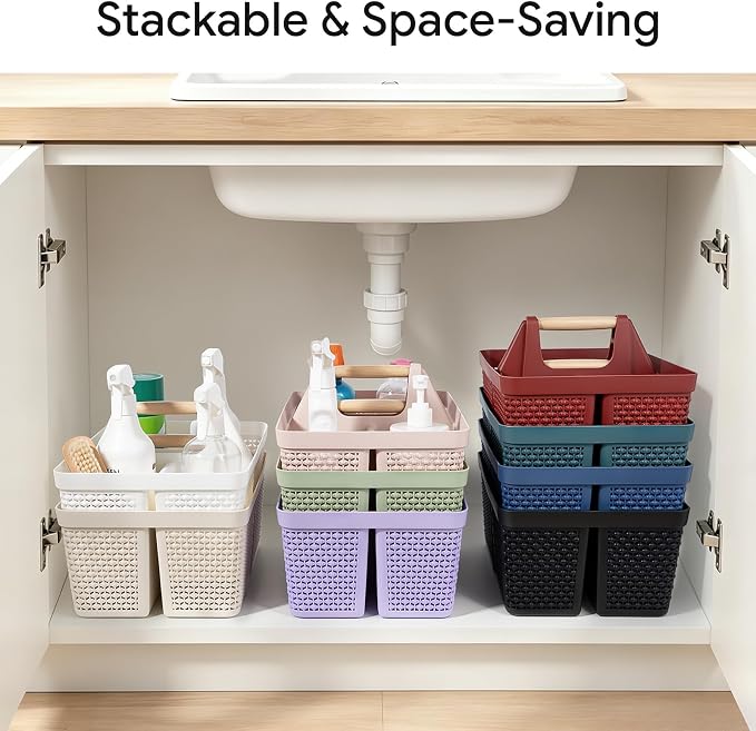UUJOLY Portable Plastic Shower Caddy Basket with Wooden Handle, Black | Divided Storage Organizer Tote for Bathroom, Dorm, College, Kitchen & RV – Lightweight, Easy-Carry Essentials Caddy - Image 5