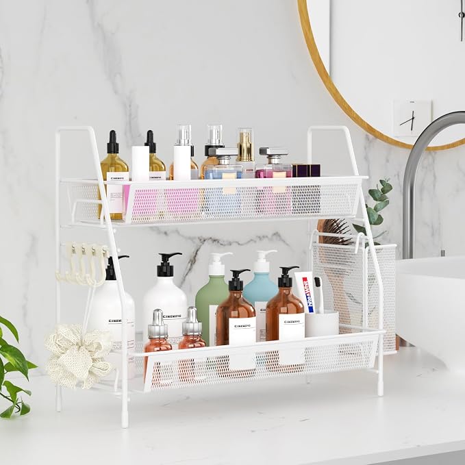 VITVITI 2 Tier Bathroom Countertop Organizer, Vanity Storage Shelf, White | Bathroom Counter Organizer, Vanity Makeup Tray Shelf, Kitchen Spice Rack, Metal Wire Mesh, with Basket Hooks - Image 2
