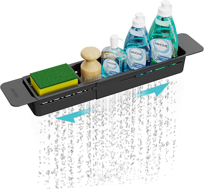 NiHome Extendable Kitchen Sink Caddy Extra Long Brush Sponge Storage Holder | Expandable Kitchen In Sink Organizer Extra Long for Brush & Sponge with Drainage, Adjustable Length, Non-Slip Pads (Black) by NiHome