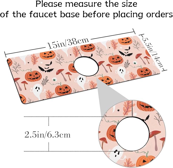 Halloween Kitchen Sink Splash Guard Faucet Mat,Pumpkin Plants Ghost Bat Halloween Faucet Non-Slip Absorbent Mat,Farmhouse Sink Splash Guard Behind Faucet for Kitchen Bathroom,15"x5.5" - Image 2