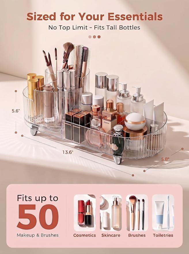 Booklov Rotating Makeup Organizer for Vanity Countertop, Clear | Clear Acrylic Cosmetic Display Case, Large Beauty Brush Holder for Bathroom Counter, Skincare Lipsticks Storage - Image 2