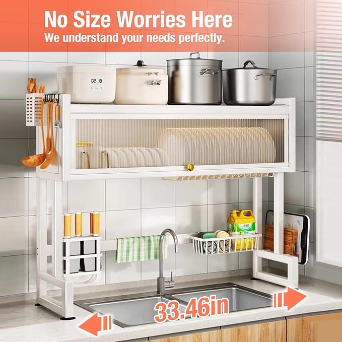 Hdrriozu Over the Sink 3 Tier Dish Drying Rack with Cover, Milkshake White | Rust resistant built last. Easy install simple tools. Holds dishes glasses bowls. Space saving over sink tidy kitchen. - Image 4