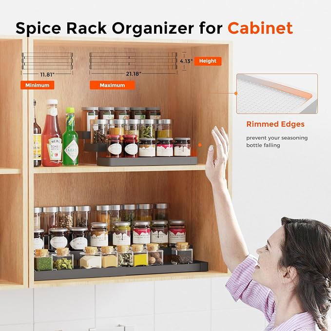 Expandable Spice Rack Organizer - 3 Tier Adjustable Spice Organizer for Cabinet & Countertop - Easy Visibility - Black - Image 3