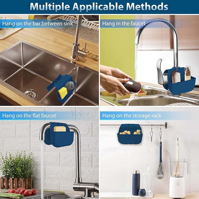 Sponge Holder for Kitchen Sink, Silicone Sink Saddle Caddy Organizer Rack, Sponges Holder Over Faucet, Hanging Kitchen Organizer Accessories Rack Basket - Navy Blue - Image 5