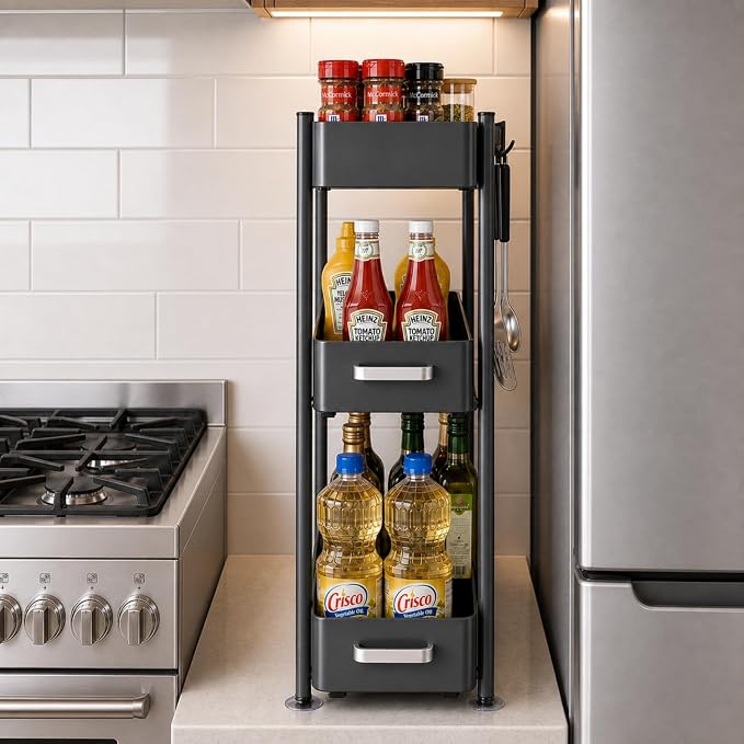 3-Tier Countertop Organizer, Pull Out Spice Rack, Transforming a Cramped, Unusable Space Into a Storage Area, With Suction Cup Feet and 4 Hooks, For Tall Bottles, Condiments and Spices - Image 2