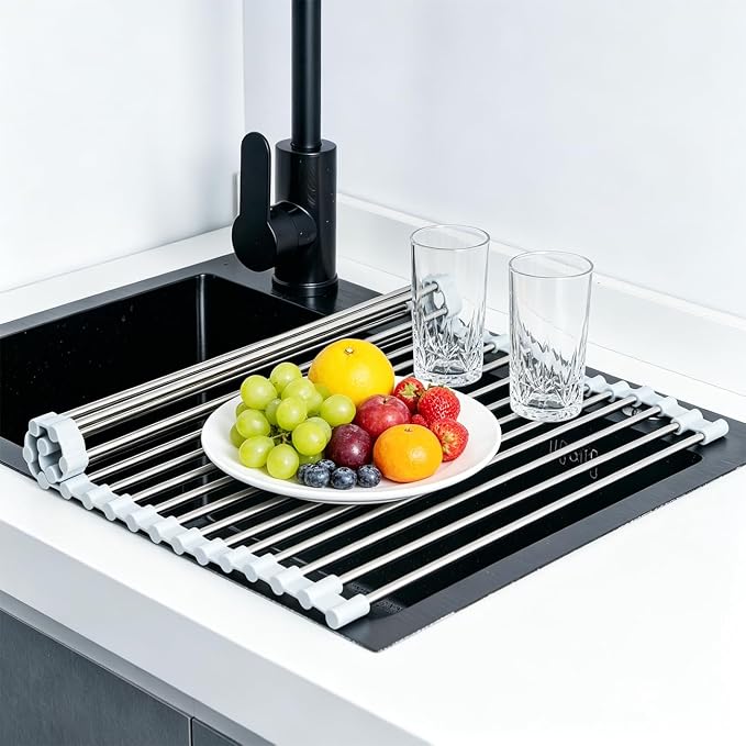 Roll Up Dish Drying Rack 17.5''x15.7'' Gray | Kitchen Rolling Dish Drainer, Foldable Sink Rack Mat Stainless Steel Wire Dish Drying Rack for Kitchen Sink Counter Storage by SCYFREID