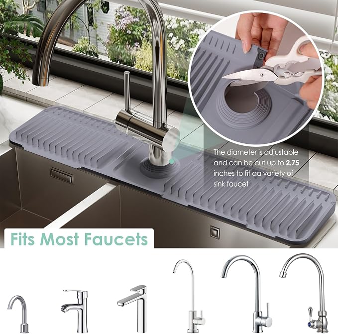 24-Inch Silicone Faucet Mat for Kitchen Sink Splash Guard, 7° Slope | 24"x5.5" water draining mat with fasten button; 1.6-2.75" customizable hole for bathroom, RV & kitchen sink drip catcher. - Image 5