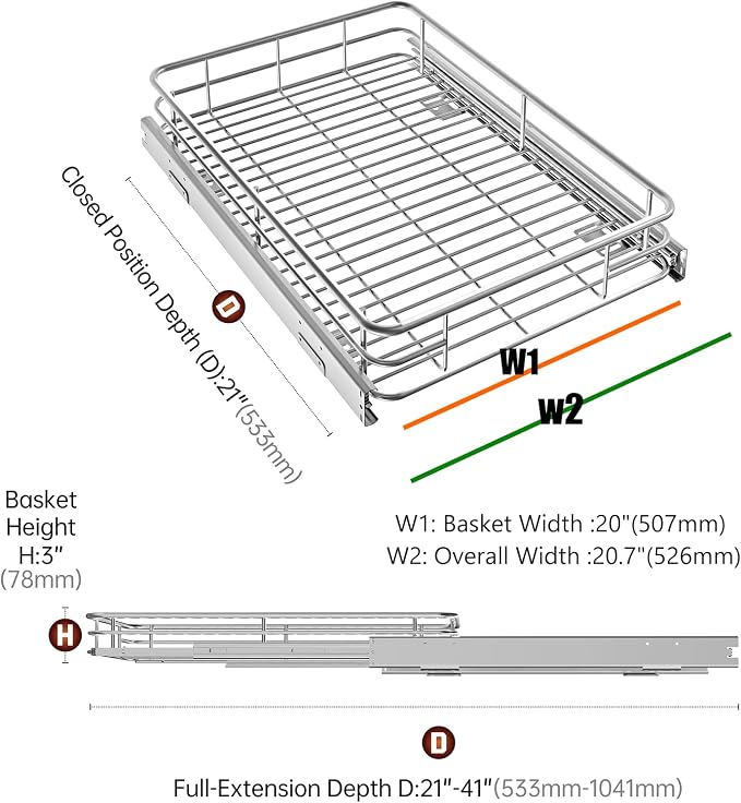 Pull Out Cabinet Organizer 20" W x 21" D, Chrome | Slide Out Shelves for Kitchen Cabinet, 100 lbs Capacity, Smooth Ball-Bearing Glides, Heavy-Gauge Steel Wire, Fits 21" Opening - Image 3