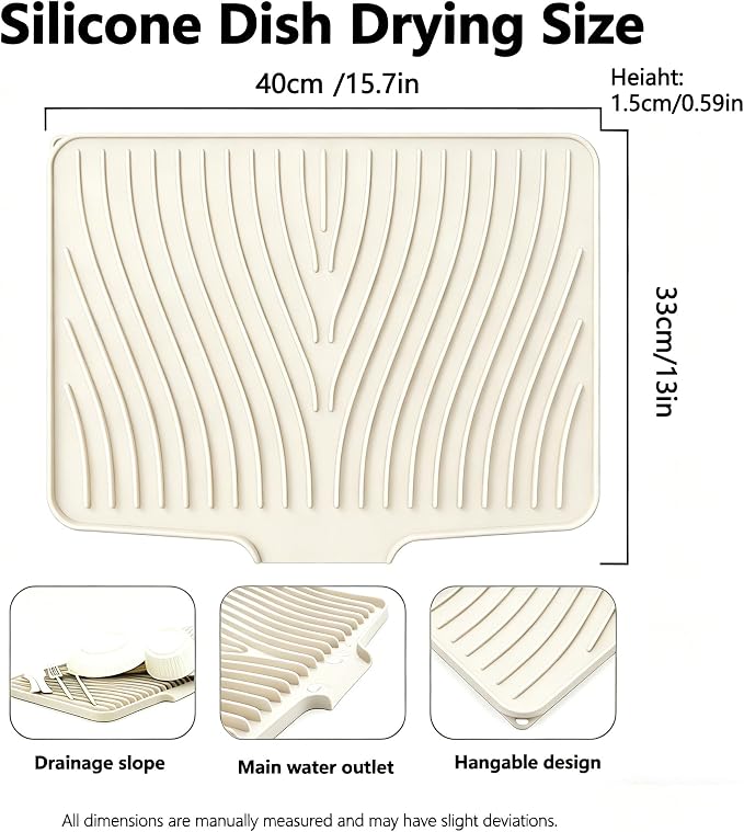 Silicone Dish Drying Mat,15.7"*13"Dish Drying Pad,Kitchen Accessories,with Built-In and Non-Slip Drain,Easy Clean, Fit for Kitchen, Bar, RV, Refrigerator and Drawer Liner, Off White - Image 2