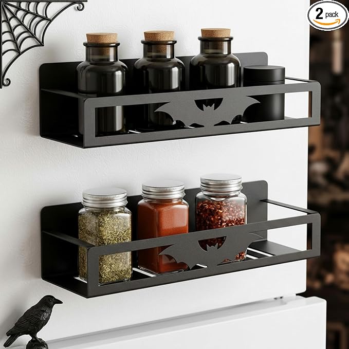 Beeveer 2 Pcs Magnetic Spice Rack for Refrigerator, Black Bat | Halloween Gothic Kitchen Decor, Spooky Home Accessories, 2 Sizes Metal Storage Shelf for Fridge Spices, No Drilling by Beeveer