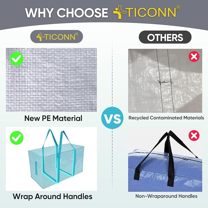 TICONN 4 Pack Extra Large Moving Bags Heavy Duty with Zippers & Carrying Handles, Durable Storage Bags Moving Boxes for Closet Organizers and Storage (4 Pack, Aqua) - Image 4