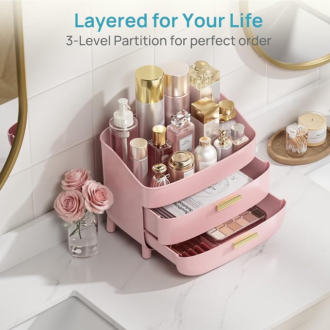 Vtopmart 3-Tier Skincare Makeup Organizer, Pink | With Drawers, For Vanity and Bathroom Countertop, Large Cosmetic Storage Box Case for Dresser, With Non-Slip Base - Image 4