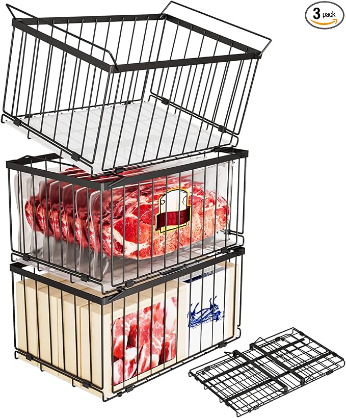 Large Freezer Organizer Bins for 5 to 9 Cu.Ft,Quick Expand/Collapse,3PACK | Freezer Organizer Bins, Stackable,foldable,With handle Wire Storage Container Baskets for Sort Frozen Meats,Leak-Proof Liner by ANJUBAN