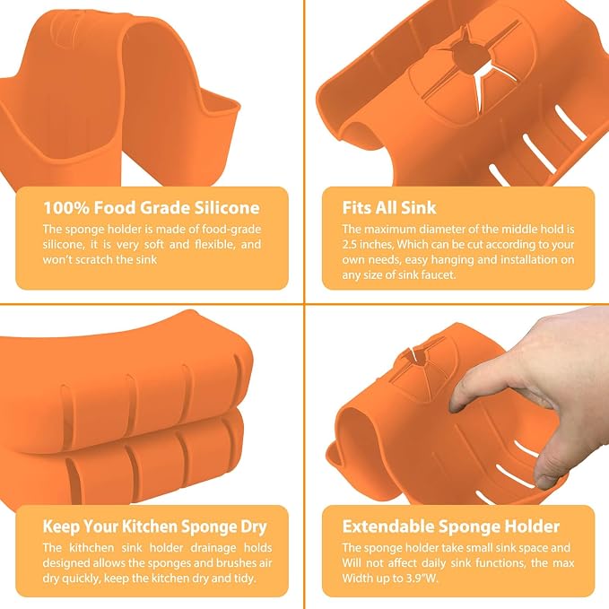 Sponge Holder for Kitchen Sink, Silicone Sink Saddle Caddy Organizer Rack, Sponges Holder Over Faucet, Hanging Kitchen Organizer Accessories Rack Basket Orange - Image 2