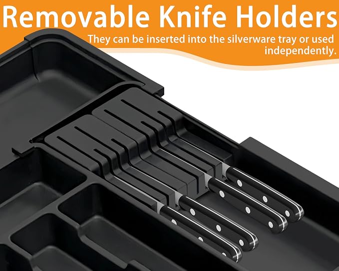 Silverware Organizer - Expandable Large Kitchen Drawer Organizer Utensil Organizer with 2 Removable Knife Blocks, 22"x 19"Cutlery Tray Drawer Dividers for Kitchen Flatware(6-9 Slots) (Black) - Image 4