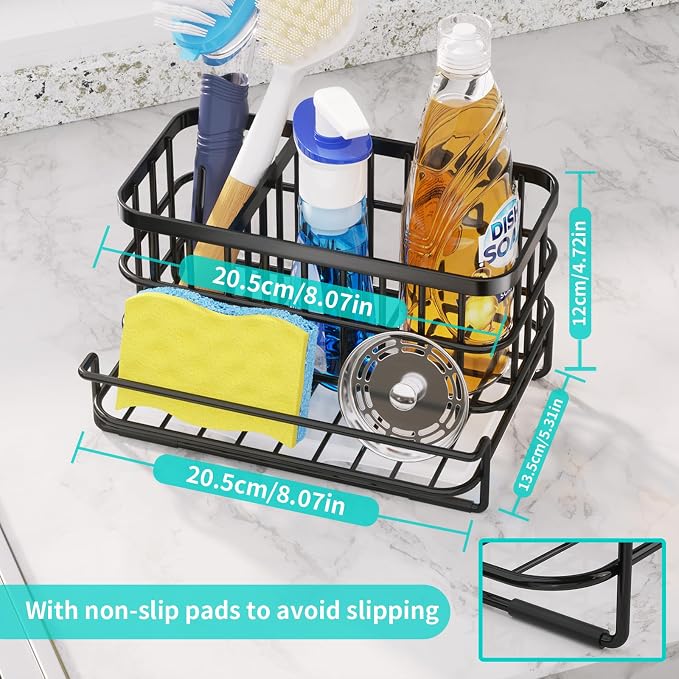 HapiRm Kitchen Sink Organizer, SUS304 Stainless Steel Rustproof Multifunctional Sink Caddy with Sponge Holder and Drain Tray for Kitchen Countertop (Black) - Image 4