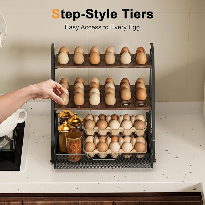 3-Tier Wooden Egg Holder with Basket, Holds 130+ Eggs | Sturdy wooden egg holder, holds 36+90 eggs, carry handle for easy gathering & transport. - Image 7