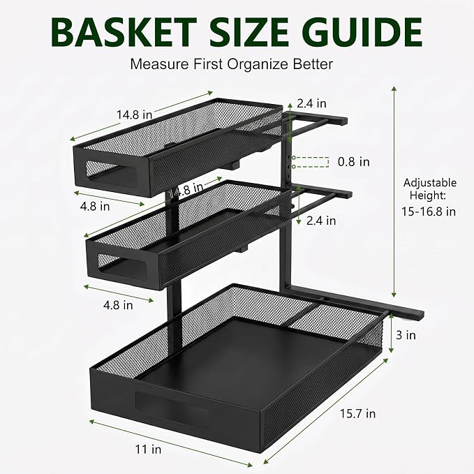 3 Tier Under Sink Organizer,2 Pack Pull Out Cabinet Shelves with Adjustable Height,Heavy Duty Carbon Steel L-Shaped Storage for Kitchen Bathroom Sink,Pantry & Laundry,Black - Image 2
