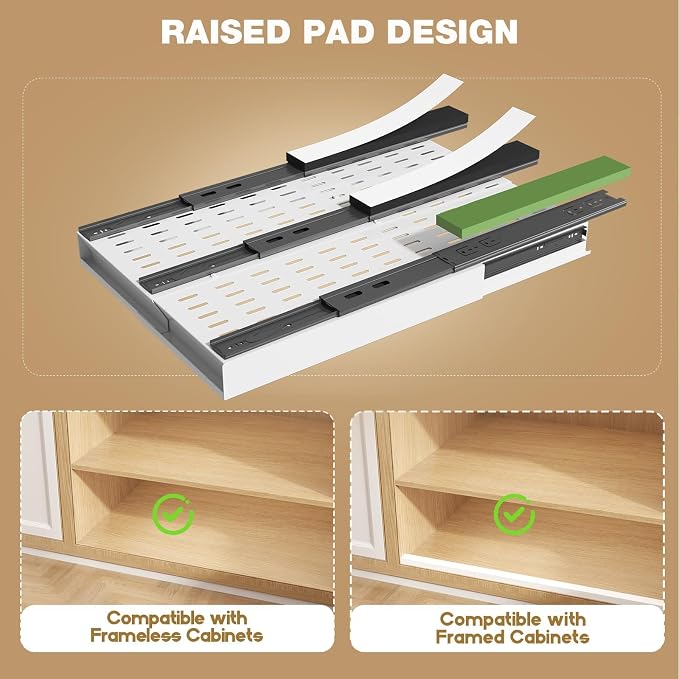 Seinloes Pull Out Cabinet Organizer, 4-Side Expandable to Fit Most Cabinets, 3 Rail Slide Out Drawers with Raising Pad for Framed & Frameless Cabinets, 11"-16" W x 17"-24" D, White, 2 Pack - Image 4