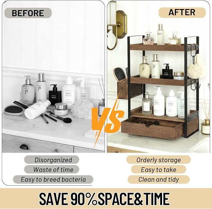 3-Tier Bathroom Counter Organizer with Drawer Basket and Hooks, Wood Bathroom Organizers and Storage for Countertop, Farmhouse Dark Brown Countertop Organizer, Counter Shelf for Vanity, Kitchen,Office - Image 6