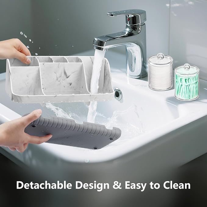 GFWARE Marble Bathroom Toothbrush Holder Set with 2 Qtip Holder Dispenser | Detachable 7 Slots Bathroom Accessory Set, Kids Bathroom Sink Counter Set, Bathroom Essentials Decor, Anti-Slip, Marble-Look - Image 3