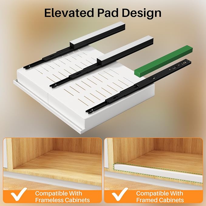 Pull out Cabinet Organizer, 1-Pack Expandable(13.6"-24") Silde out Drawers with Raising Pad for Framed Cabinets, Adjustable Full-Extension Adhesive Roll out Shelves for Kitchen Pantry Home Pot and Pan - Image 8