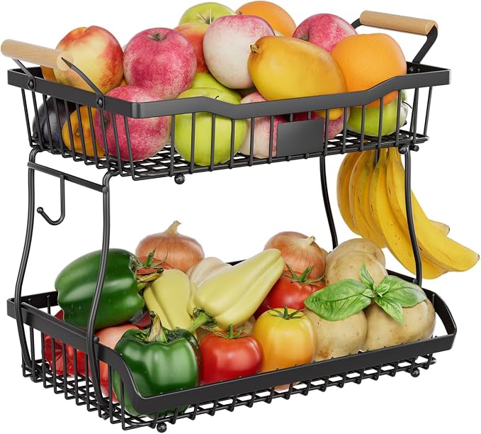Simple Trending Fruit Basket 2-Tier Detachable, with Banana Hangers & Rust-Proof Metal Mesh, Ventilated Kitchen Organizer for Countertop, Perfect for Fruits, Vegetables, Snacks Storage by SimpleTrending