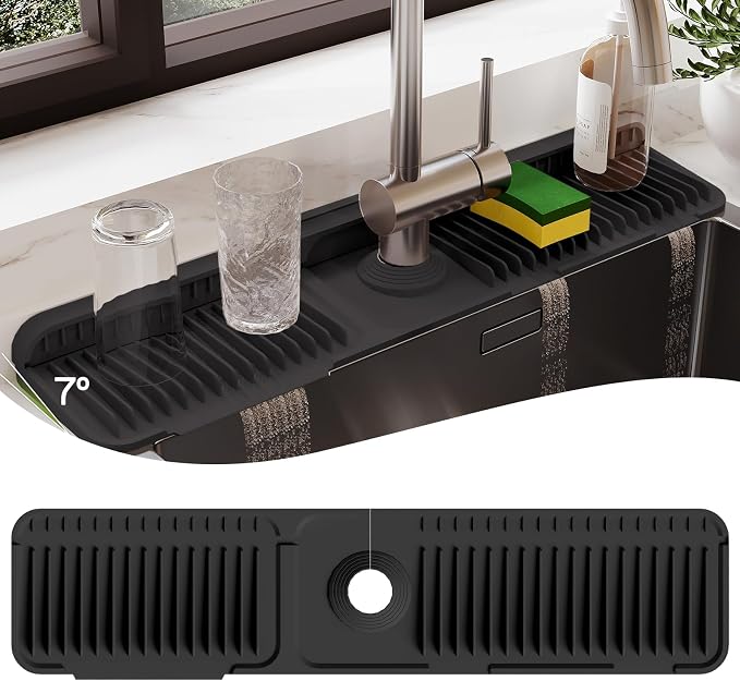 24 Inch Silicone Faucet Mat for Kitchen Sink Splash Guard – Upgraded Draining Mat with Water Tray Behind Faucet – Countertop Protectors to Catch Spills (Black, 24" x 5.5" ) by Unknown