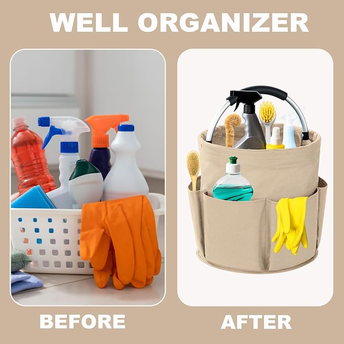 Cleaning Caddy with Handle, 17L Foldable Cleaning Supplies Organizer, Portable Storage Basket, Cleaning Supply Caddy, Multifunctional Cleaning Bucket Bag for Garden, Home, Kitchen (Khaki) - Image 3