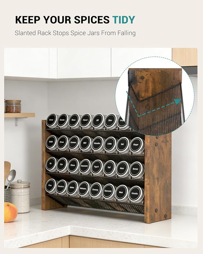 Spice Rack Organizer for Cabinet, Wood Countertop Shelf, No Jars Included | Holds 32 Standard 4 oz Jars, Fits Jars Under 1.8 in Wide, 4-Tier Kitchen Seasoning Organizer, Wall Mount, 15.7" W x 10.3" H - Image 3
