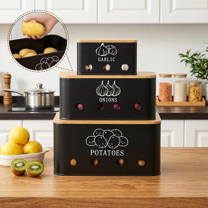 3 Pack Potato Onion Garlic Storage Set, Bamboo Lids | Metal Vegetable Storage Bins with Vents, Large Capacity Canister Black Food Container for Kitchen, Pantry - Image 7