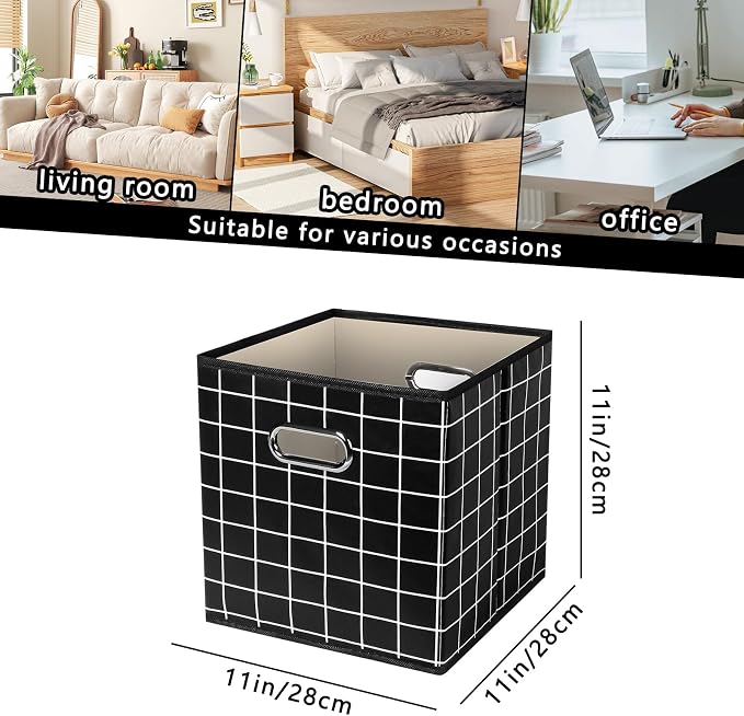 Yunkeeeper storage bins Cubes, Fabric Cube Organizer with Handle, Foldable Cube Bins for Cloth or Accessary Storage, 11x11x11, Set of 3,(Black grid) - Image 2