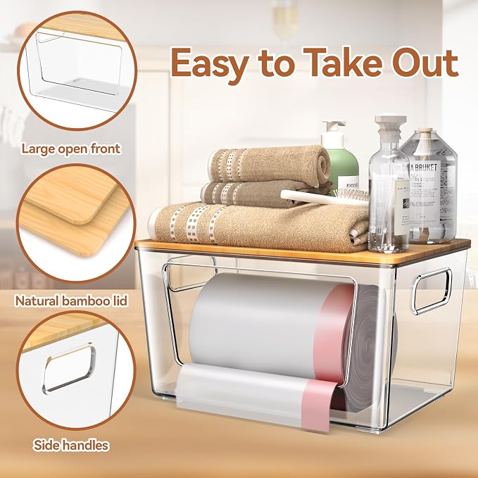 spospo 4 Pack Trash Bag Holder with Bamboo Lid Stackable Trashbag Dispenser | Extra Large Garbage Bag Holder for Kitchen Laundry Room Under Sink Organization and Storage - Image 4