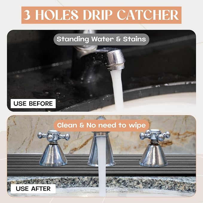 Teenyyou 3 Hole Gray Faucet Mat Kitchen Sink 15.94" x 4.92" | Bathroom Faucet Absorbent Mat,Diatomite Splash Guard,Quick Drying Drip Catcher,Hole 2.36",Holes Spaced About 1.65" - Image 4