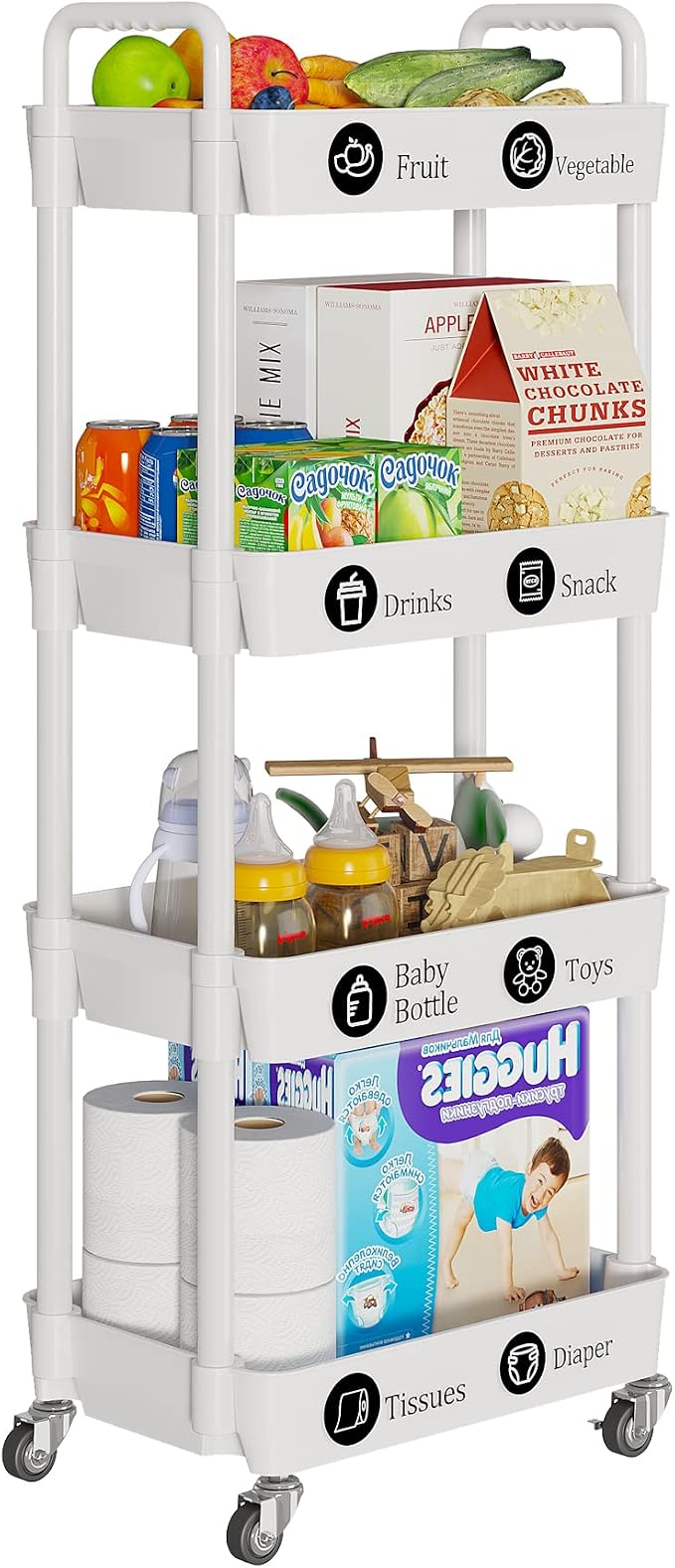 Laiensia 4-Tier Storage Carts,Multifunction Utility Rolling Cart Kitchen Storage Organizer,Mobile Shelving Unit Cart with Lockable Wheels for Bathroom,Laundry,Living Room,With Classified Sticker,White - Image 2