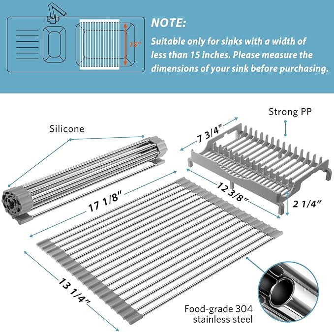 Roll Up Dish Drying Rack,17.1”x13.1”,Build-in Plate Rack | 304 Stainless Steel,Space-Saving,Easy to Clean,Portability and Stability,Heat Resistant,Trivet for Kitchen Countertop - Image 2