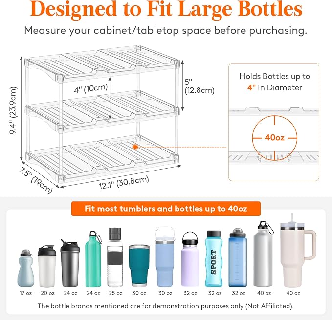 Lifewit Stackable Bottle Storage Organizer, Clear Freestanding Wine Holder for Cabinet, Large Slot Water Bottle Tumbler Cup Organizer for Pantry, Plastic Wine Rack for Fridge Cellar, 3Tier Hold 9 - Image 2