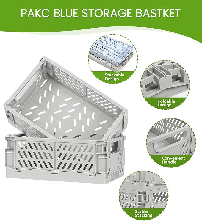 HUUSMOT 4-Pack Collapsible Plastic Storage Baskets, Grey, 9.8"x6.5"x3.8" | Pastel, Space-Saving, Collapsible Plastic Bins, Cute Mini Storage Crates, for Classroom, Kitchen, Office, Bedroom - Image 2