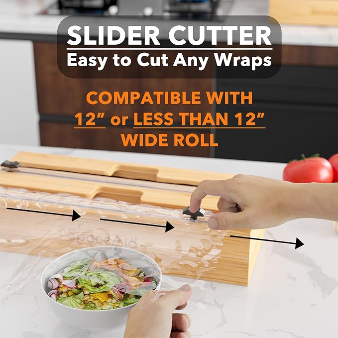 SpaceAid WrapNeat 2 in 1 Wrap Organizer with Cutter and Labels, Plastic Wrap, Aluminum Foil and Wax Bamboo Dispenser for Kitchen Storage Organization Holder for 12" Roll (Natural) - Image 5