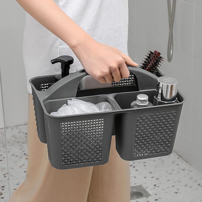 Plastic Portable Shower Caddy Basket with Handle, 3 Compartments, Dark Grey | Storage Organizer with Drain Holes, Sturdy and Durable For Bathroom, Kitchen, College Dorm, Sink, Camping - Image 3