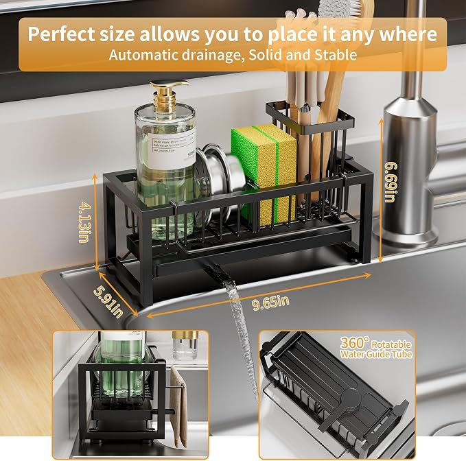 Sponge Holder for Kitchen Sink, 304 Stainless Steel Sink Caddy with Tall Brush Holder & Self-Draining Tray, 3-Compartment Countertop Organizer for Dish Soap Dispenser, Sponge, Scrubber, Black - Image 2