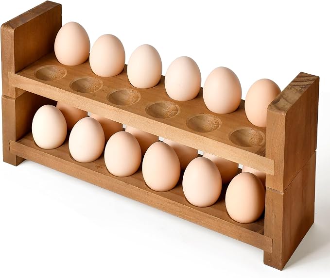 Sishynio Double Layer Egg Tray Holder Countertop, Wooden Fresh Egg Rack | Stackable Storage Basket; 2 Tier Egg Organizer for Farmhouse Kitchen, Refrigerator; Fresh Eggs, Dark Woodgrain, Pegs, Rustic by Sishynio