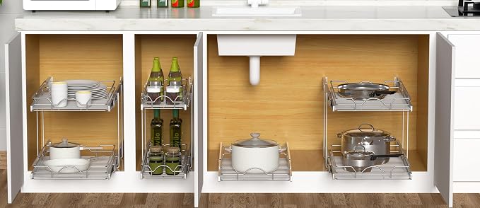 OCG 2 Tier Pull Out Cabinet Organizer (21.5" W x 18" D), Pull Out Shelves for Kitchen Cabinets, Slide Out Pantry Shelves for Base Cabinet Organization in Kitchen Bathroom Pantry, Chrome Finish - Image 7