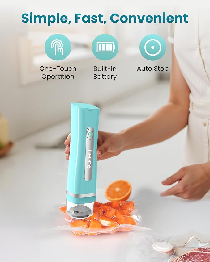FEPPO Vacuum Sealer for Food with Visible Water Tank, Handheld Saver Compact Vacuum Sealer Machine with 30 Reusable Bags for 6X Preservation & Fresh, Teal - Image 4