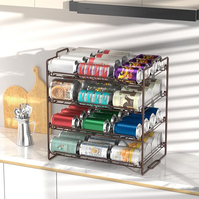 4 Tiers Stackable Can Rack Organizer, Wear-resistant Upgrade Beverage Food Can Dispenser Holder Holds up to 48 Cans for Kitchen Cabinet and Pantry (Brown) - Image 5