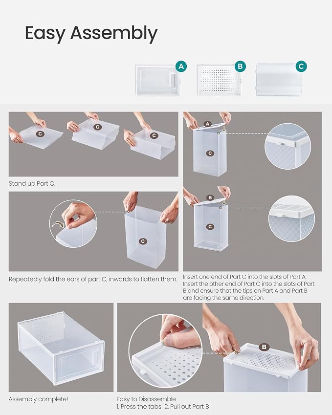 SONGMICS Shoe Boxes, Pack of 24 Shoe Storage Organizers, Stackable Clear Plastic Boxes for Closet, Sneakers, 13.1 x 9.1 x 5.6 Inches, Transparent and White ULSP906W12 - Image 7